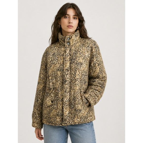 Clio Jackets & Blazers - Clio Vintage 90s Quilted Jacket Medium Tan Vintage Animal Print Silk Puffer Coat